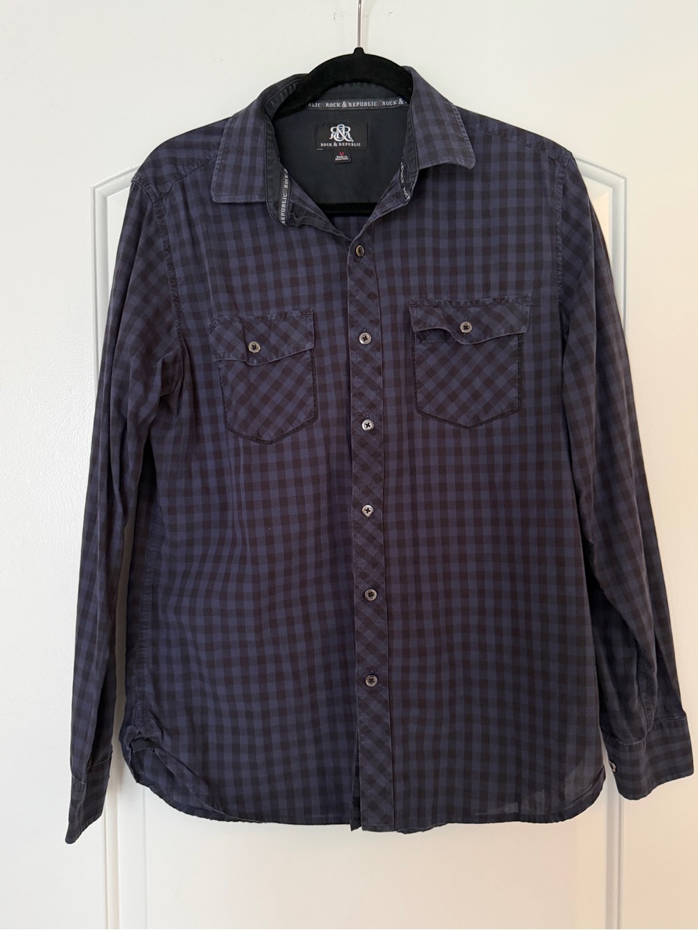 Rock & Republic Men's Dark Navy and Black Plaid Button-Down Shirt